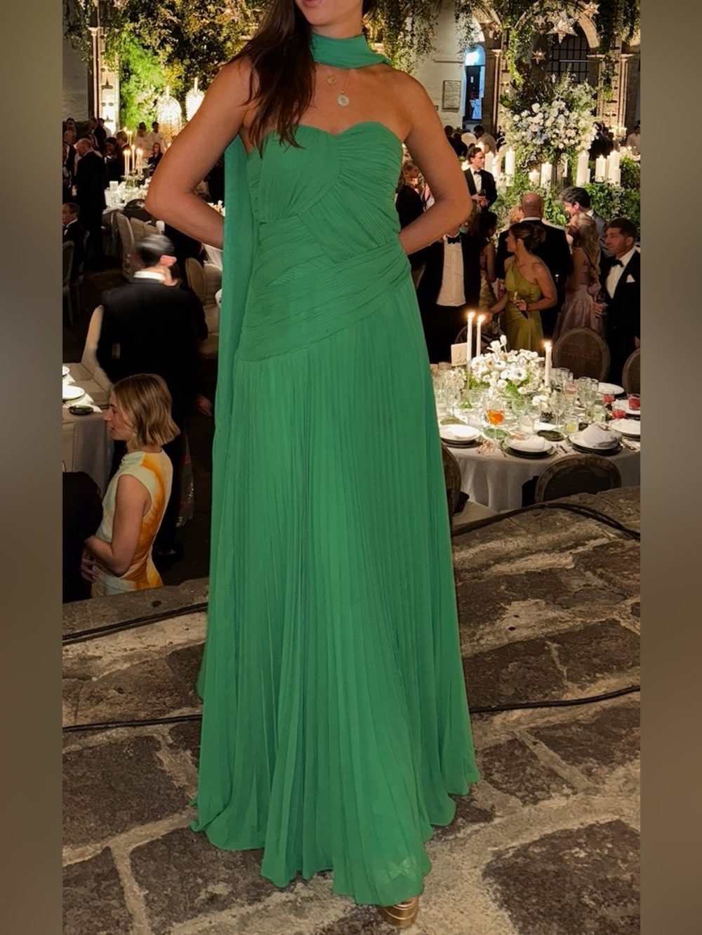 Strapless Green Chiffon Evening Gown